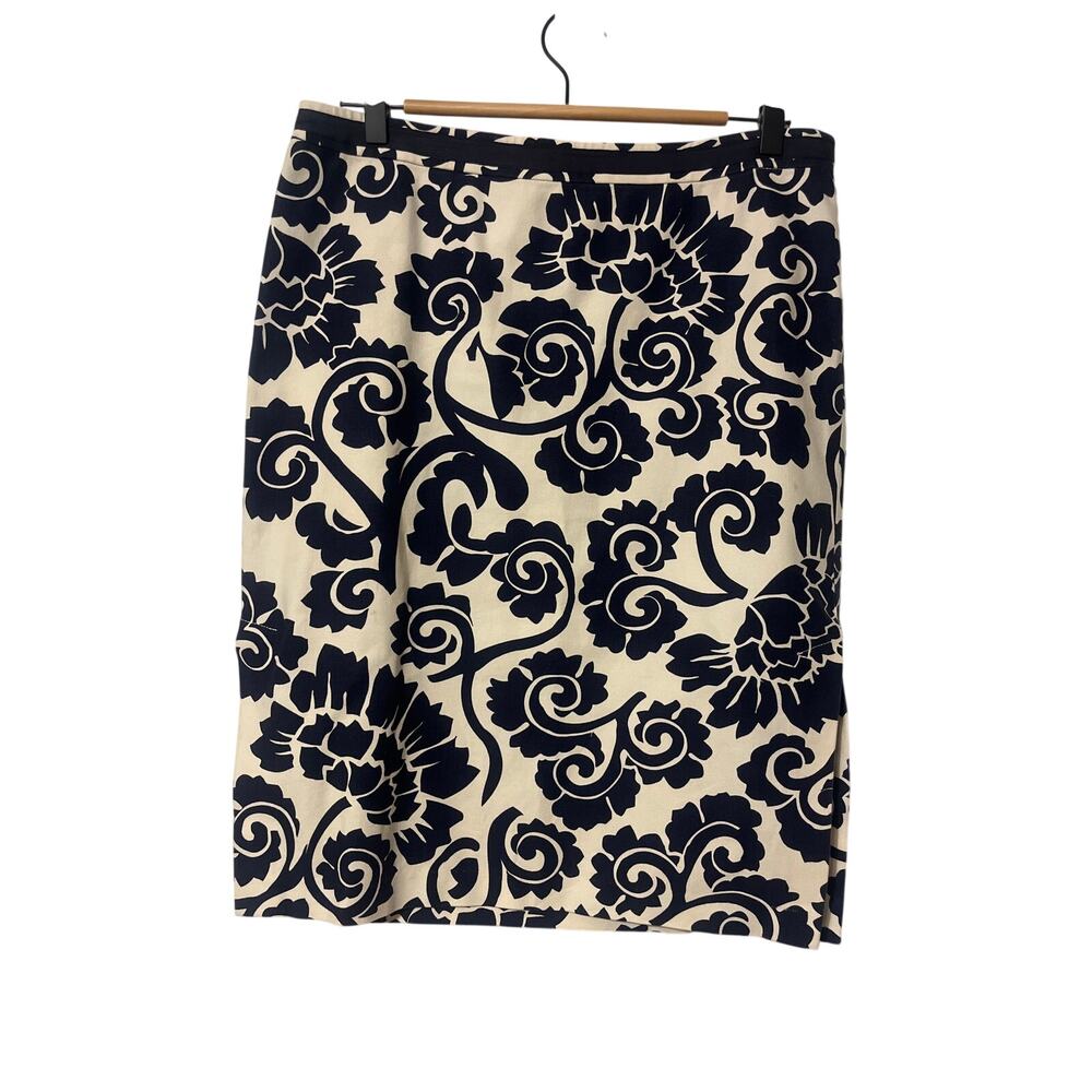 TORY BURCH PENCIL SKIRT SLITS PRINTED TWILL WALLPAPER FLORAL NAVY CREAM SZ US 6 - Picture 2 of 10